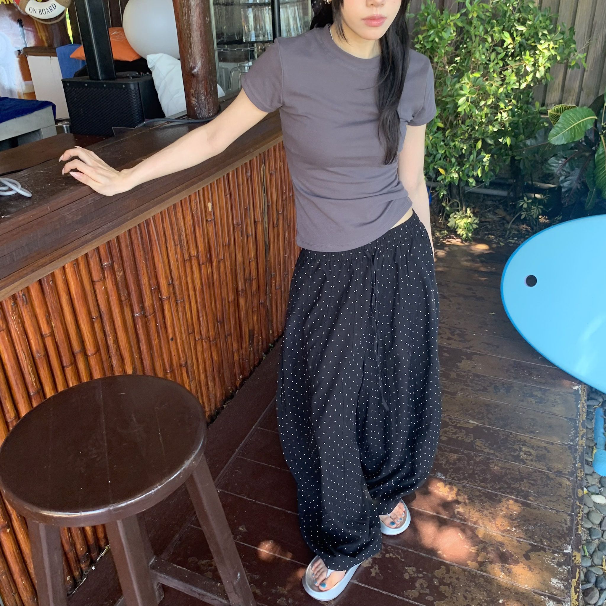 ISA_今夏夢中情褲! 立體壓線波點抽繩寬褲_65096