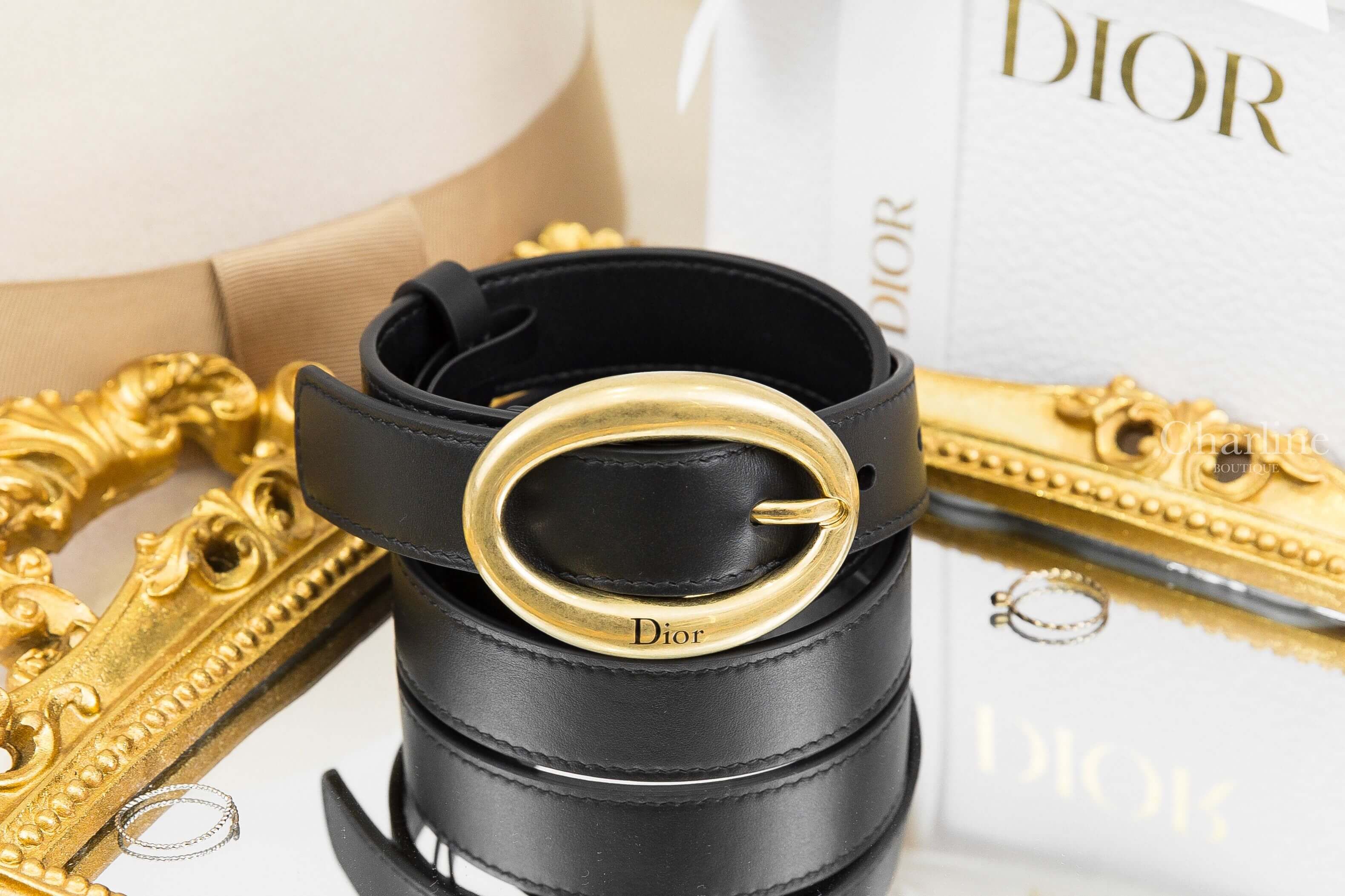 Dior Dior Légende Belt 黑色橢圓黑字金釦小牛皮2.5cm皮帶-Charline Boutique 精品代購