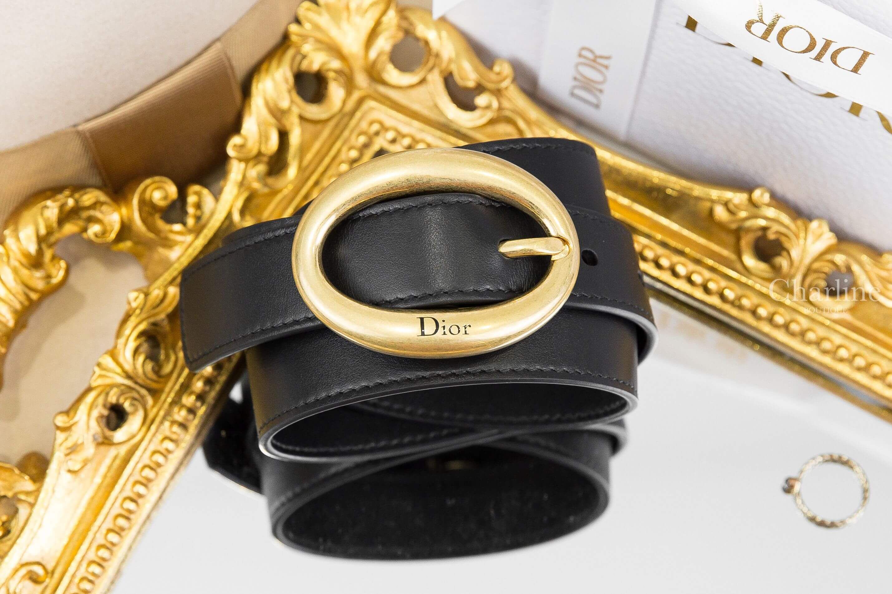 Dior Dior Légende Belt 黑色橢圓黑字金釦小牛皮2.5cm皮帶