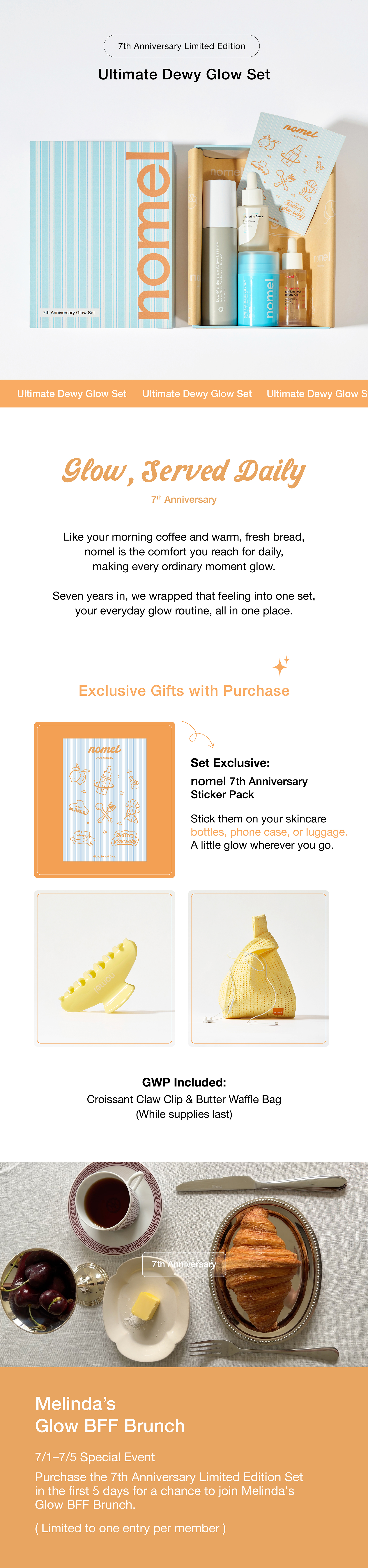nomel 7th Anniversary Ultimate Dewy Glow Set — limited edition gift box featuring 4 hero skincare products for priming, brightening, hydration and soothing; includes 3 exclusive gifts; purchase 7/1–7/5 to enter the Glow BFF Brunch raffle with Melinda