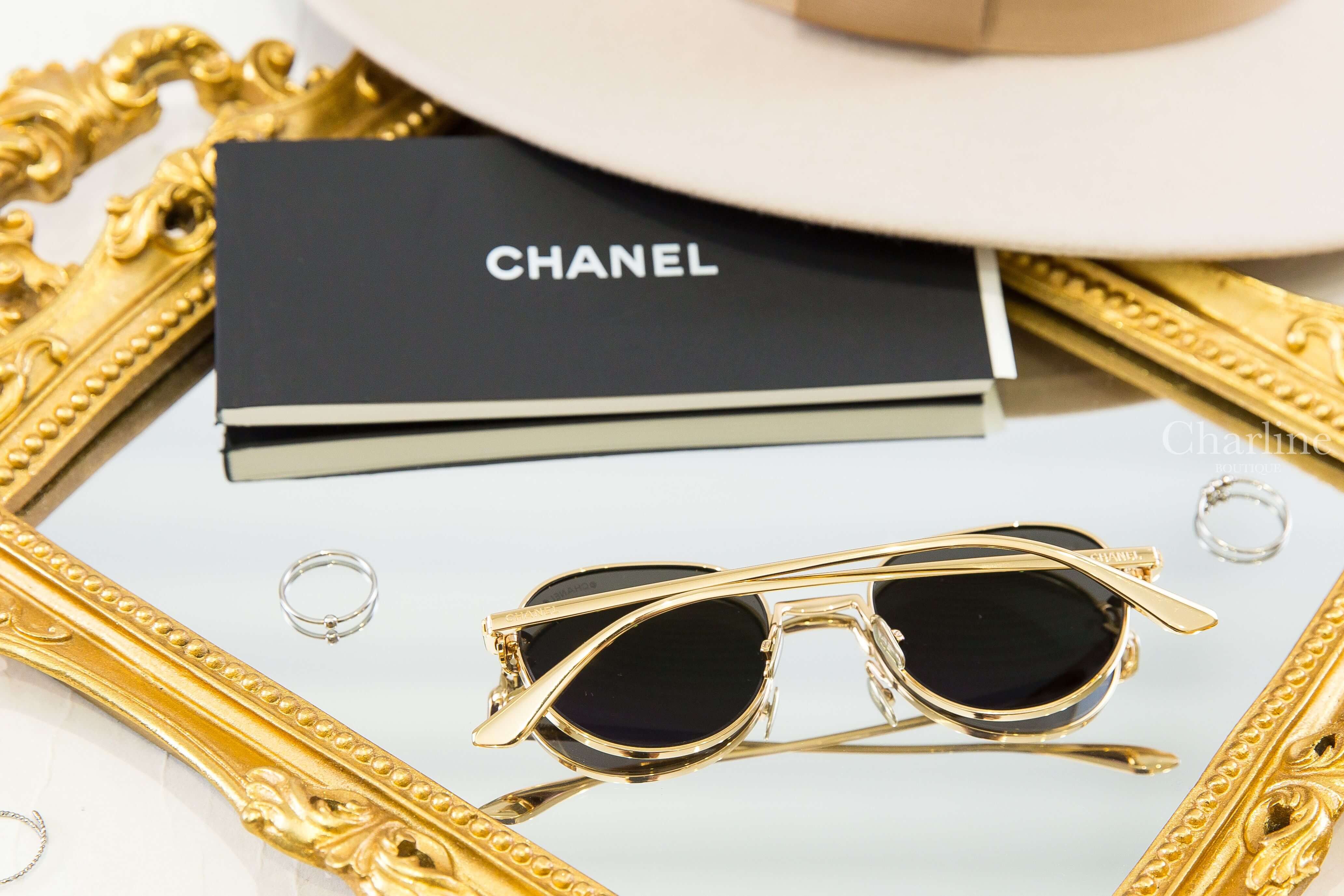 Chanel Pantos Sunglasses 金色圓框深棕色鏡片側邊金CC金字太陽眼鏡-Charline Boutique 精品代購