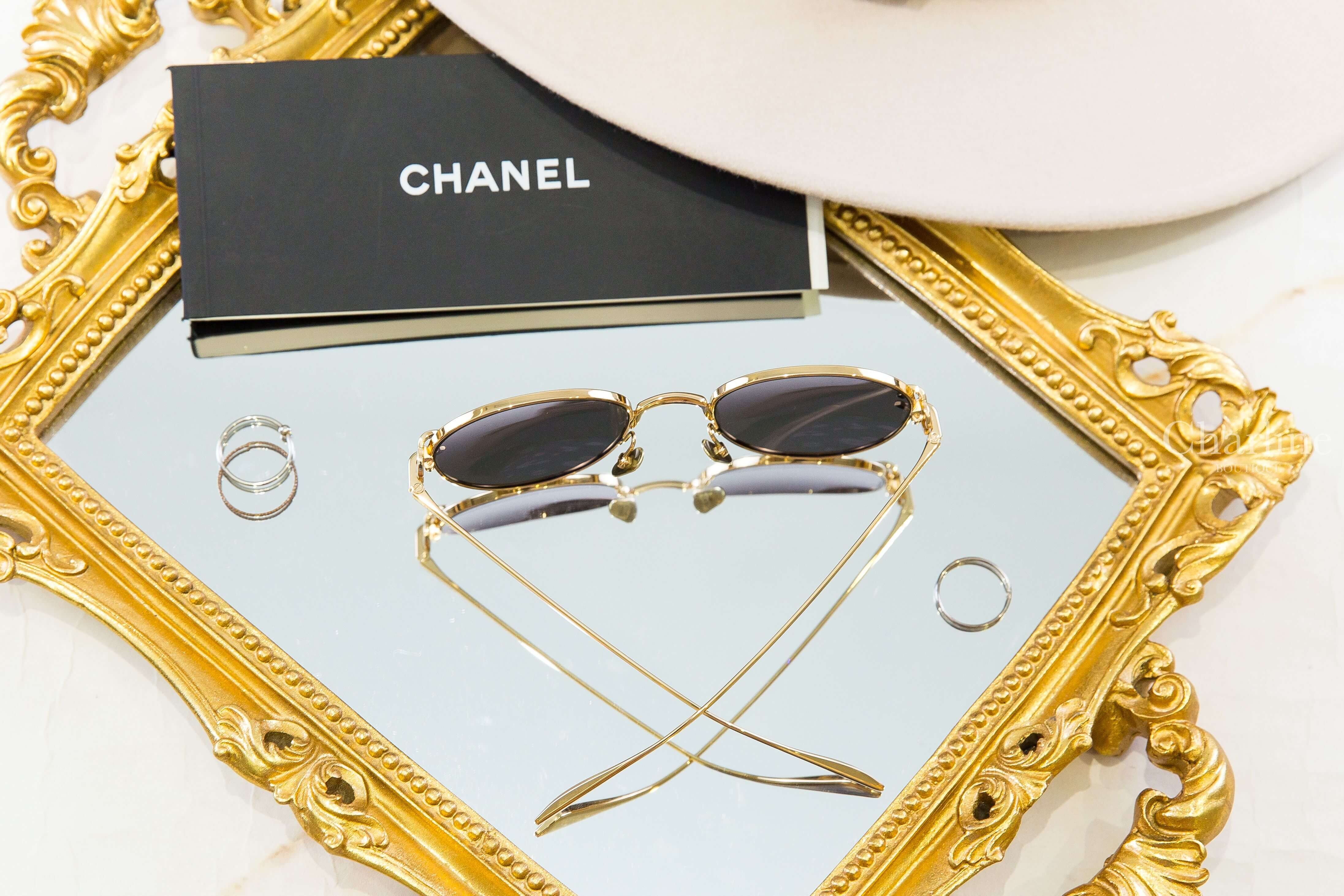 Chanel Pantos Sunglasses 金色圓框深棕色鏡片側邊金CC金字太陽眼鏡-Charline Boutique 精品代購