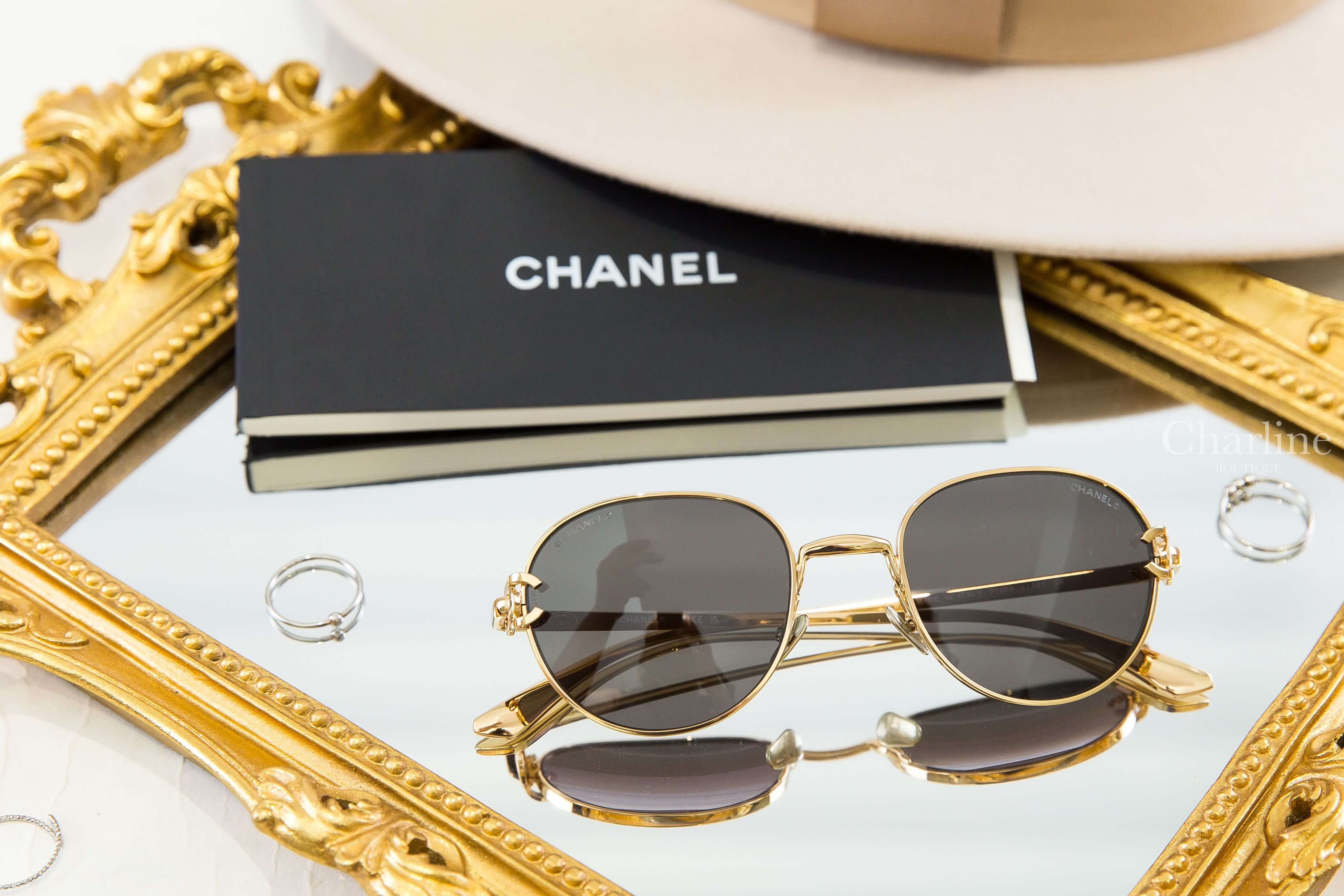 Chanel Pantos Sunglasses 金色圓框深棕色鏡片側邊金CC金字太陽眼鏡