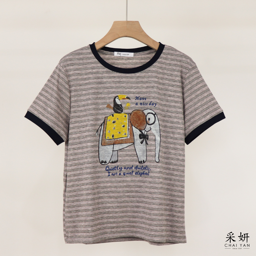 細橫條布動物印花短袖上衣