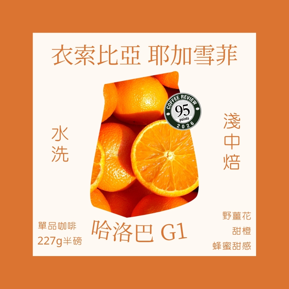 衣索比亞 耶加雪菲 哈洛巴 G1 水洗處理法 咖啡豆 (半磅)｜淺中焙｜野薑花與甜橙蜂蜜風味｜暖窩咖啡