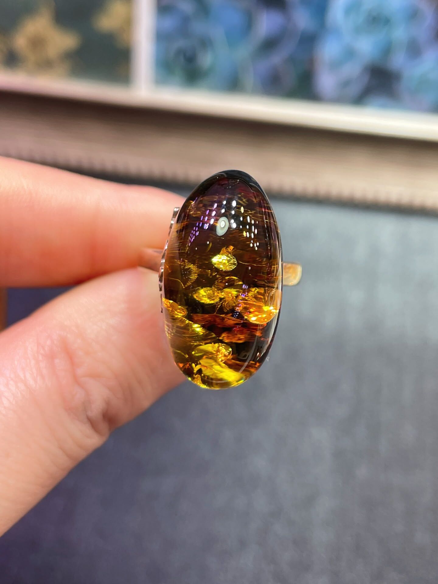 0628BA10-BALTICAMBER-RING-波蘭製造，天然波羅的海花珀戒指 [活口，S925銀鍍金鑲嵌] (A10)