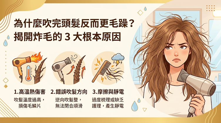 為什麼吹完頭髮反而更毛躁?揭開炸毛的 3 大根本原因,頭髮吹完顯得毛躁,問題出在剛洗完頭、頭髮還很脆弱的時候,表面的毛鱗片根本還沒閉合。 要是吹頭的方法不對,或是吹風機熱風開太強,水分過快蒸發,可能使髮絲表層結構受損,頭髮自然就變得乾枯蓬亂。 碰上台灣平常就很潮濕的天氣和靜電影響,如果是自然捲、有染燙,頭髮本來就更容易吸水膨脹,結果整頭吹乾之後,看起來反而更毛躁、到處飛翹,連原本的光澤感都不見了。