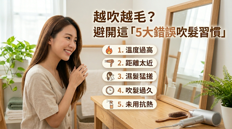 越吹越毛?避開這「5大NG吹髮習慣」很多人常覺得頭髮越吹越毛,這不一定是吹風機的錯。 頭髮在濕潤狀態下最脆弱,要是吹髮方式不對,很容易因為拉扯摩擦、局部過熱或乾得不均勻,害得毛鱗片受到二次受損。 只要避開平常容易忽略的 5 大 NG 習慣,就能減少熱傷害、靜電和毛躁,讓吹完的頭髮看起來更滑順、有光澤。