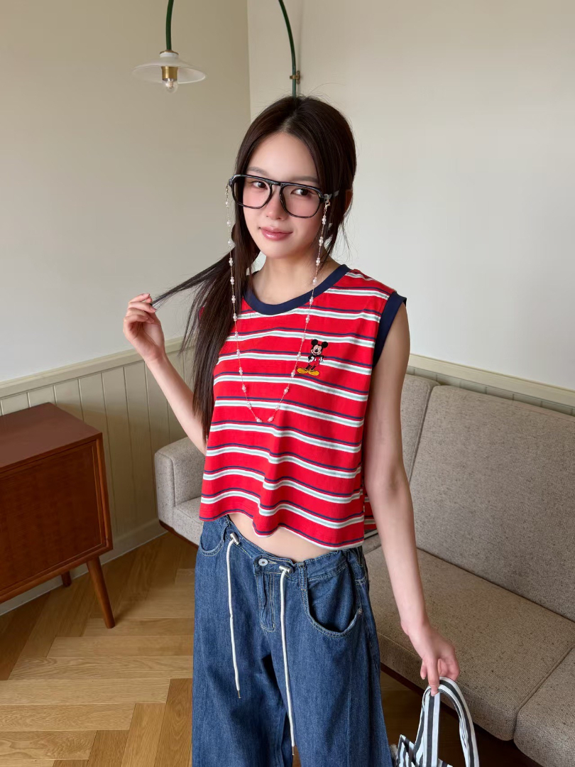 經典米奇刺繡條紋無袖背心