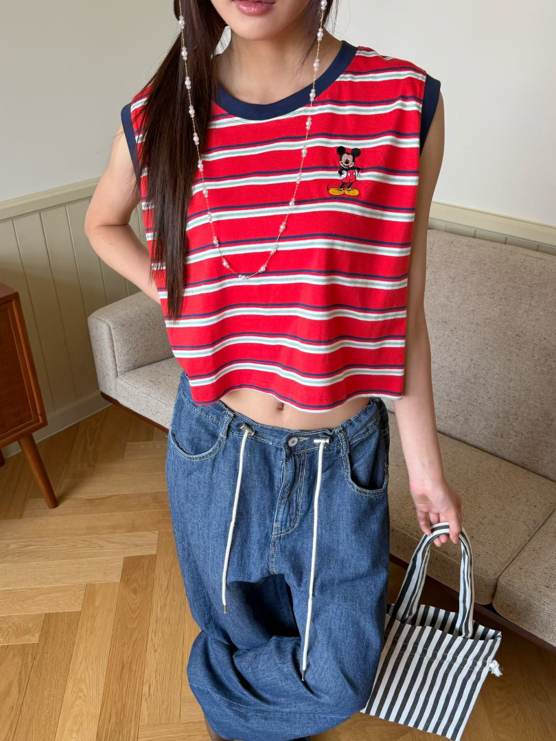 經典米奇刺繡條紋無袖背心