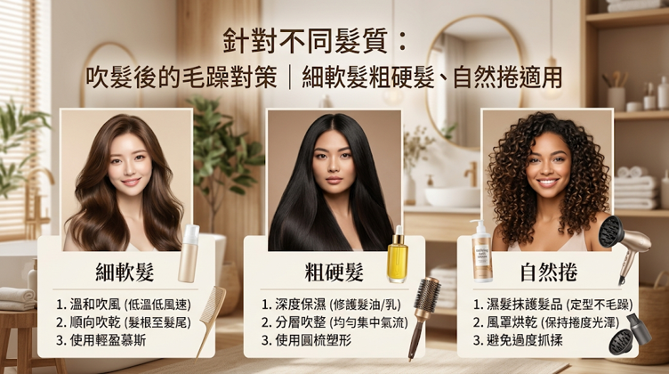 不同髮質吹完頭髮毛躁怎麼辦?細軟髮、粗硬髮、自然捲對策,每個人頭髮毛躁的原因都不太一樣,不可能靠同一套吹整方法用到底。 像是細軟髮最怕護髮產品太厚重顯得扁塌;粗硬髮與染燙受損髮就要特別加強保濕和修護;自然捲則要設法鎖住水分,避開空氣中濕氣的影響。 看自己的髮質來挑選護髮品、吹風方向和最後的定型方式,才能真正解決吹完頭髮後的毛躁問題。