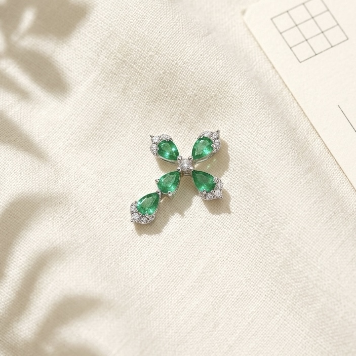 18K金哥倫比亞祖母綠鑽石吊墜 - 十字架