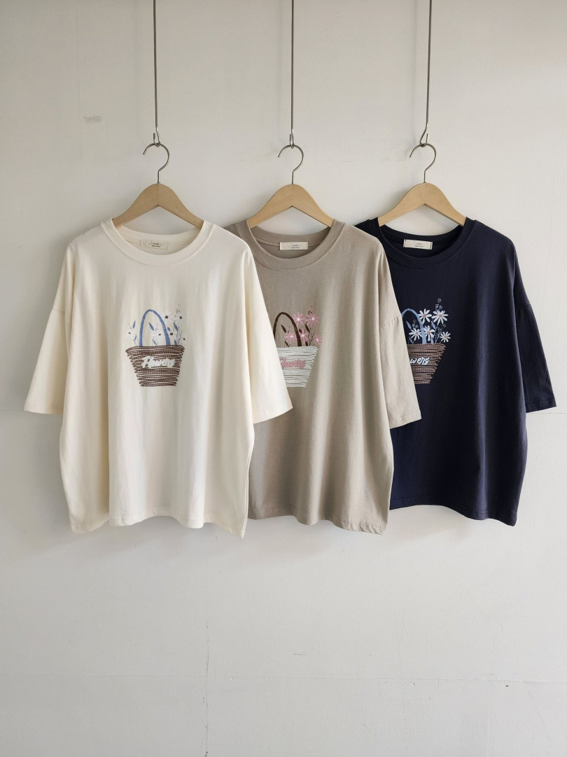 療癒花卉寬鬆剪裁系列★花籃刺繡印花棉T