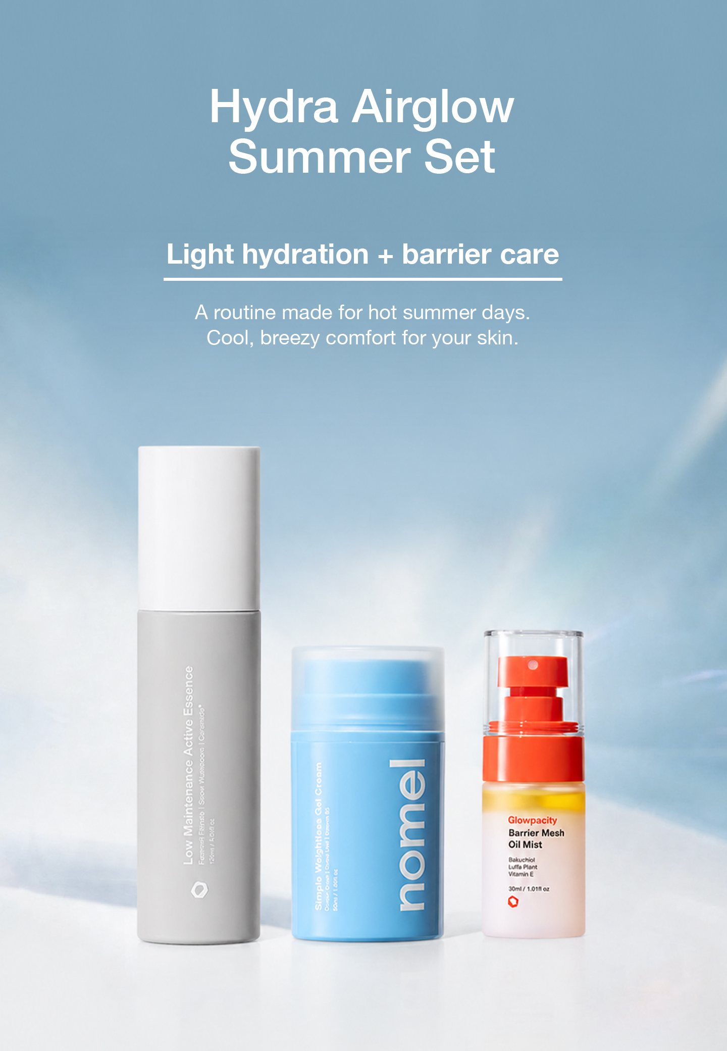 nomel 7th Anniversary Hydra AirGlow Summer Set campaign image, lightweight hydration and barrier repair for hot summer skin