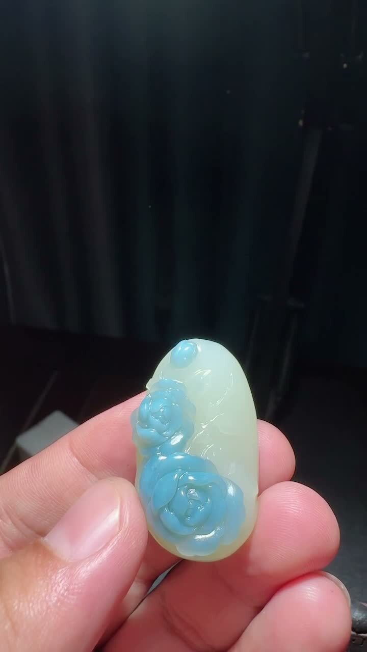 和田玉稀有黃玉藍花掛件,天然和田玉軟玉