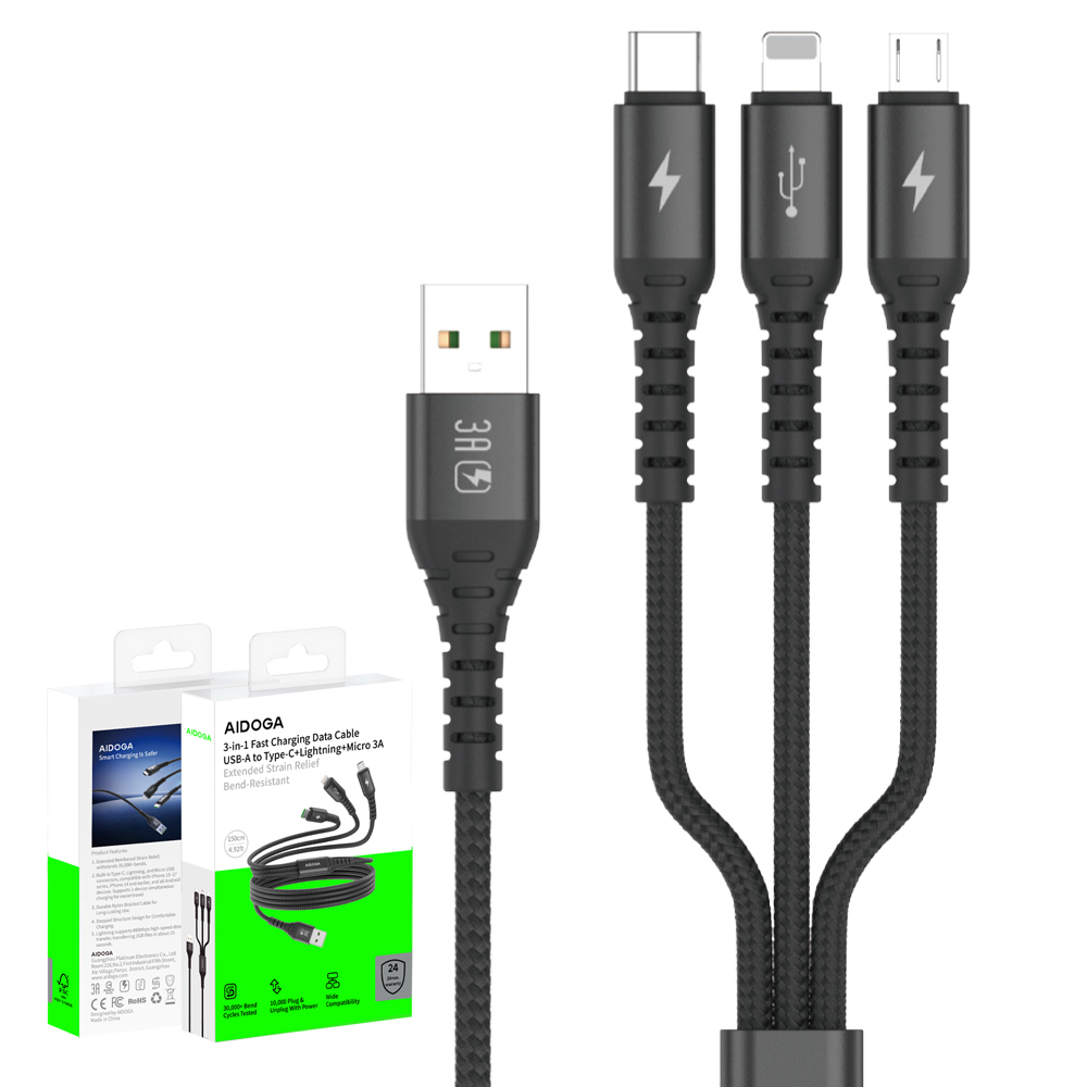 AIDOGA 艾迪伽 一分三 Lightning+安卓Micro+Type-C充電線傳輸線 加長網尾 NyzerFlex 1.5M