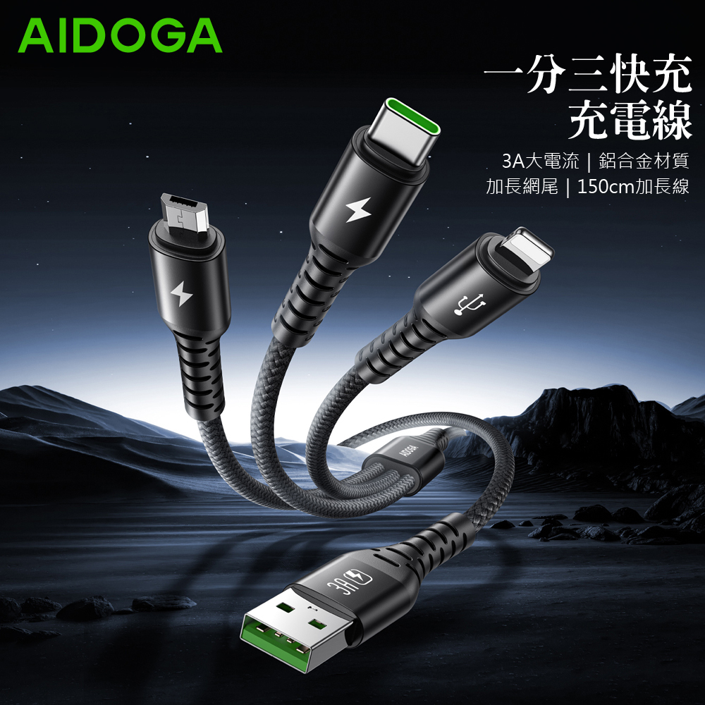 AIDOGA 艾迪伽 一分三 Lightning+安卓Micro+Type-C充電線傳輸線 加長網尾 NyzerFlex 1.5M