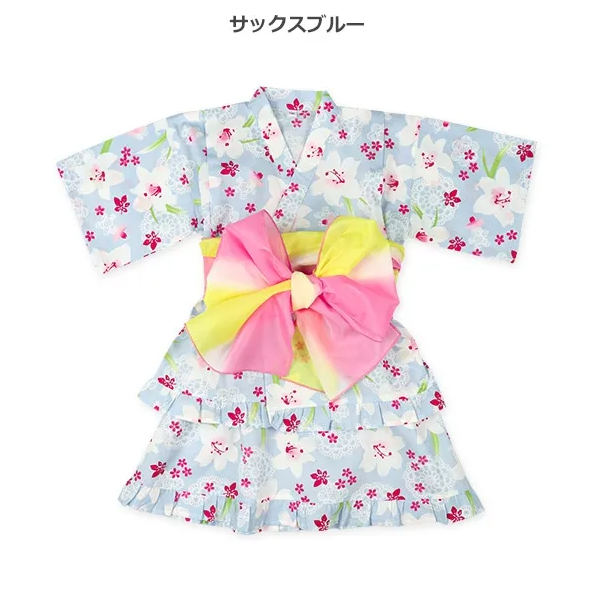 【Nishimatsuya】Kids Jinbei Dress with Obi Belt (Lily Print)
