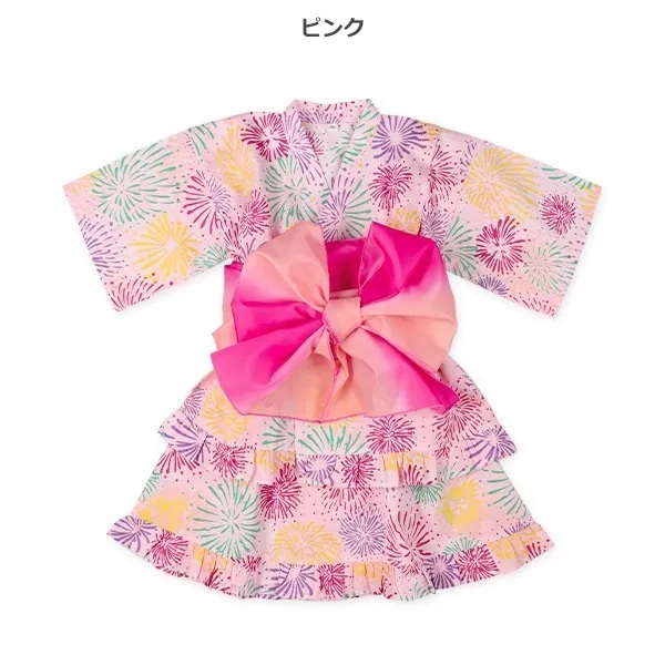 【Nishimatsuya】Kids Fireworks Pattern Jinbei Dress Set with Obi (Pink)
