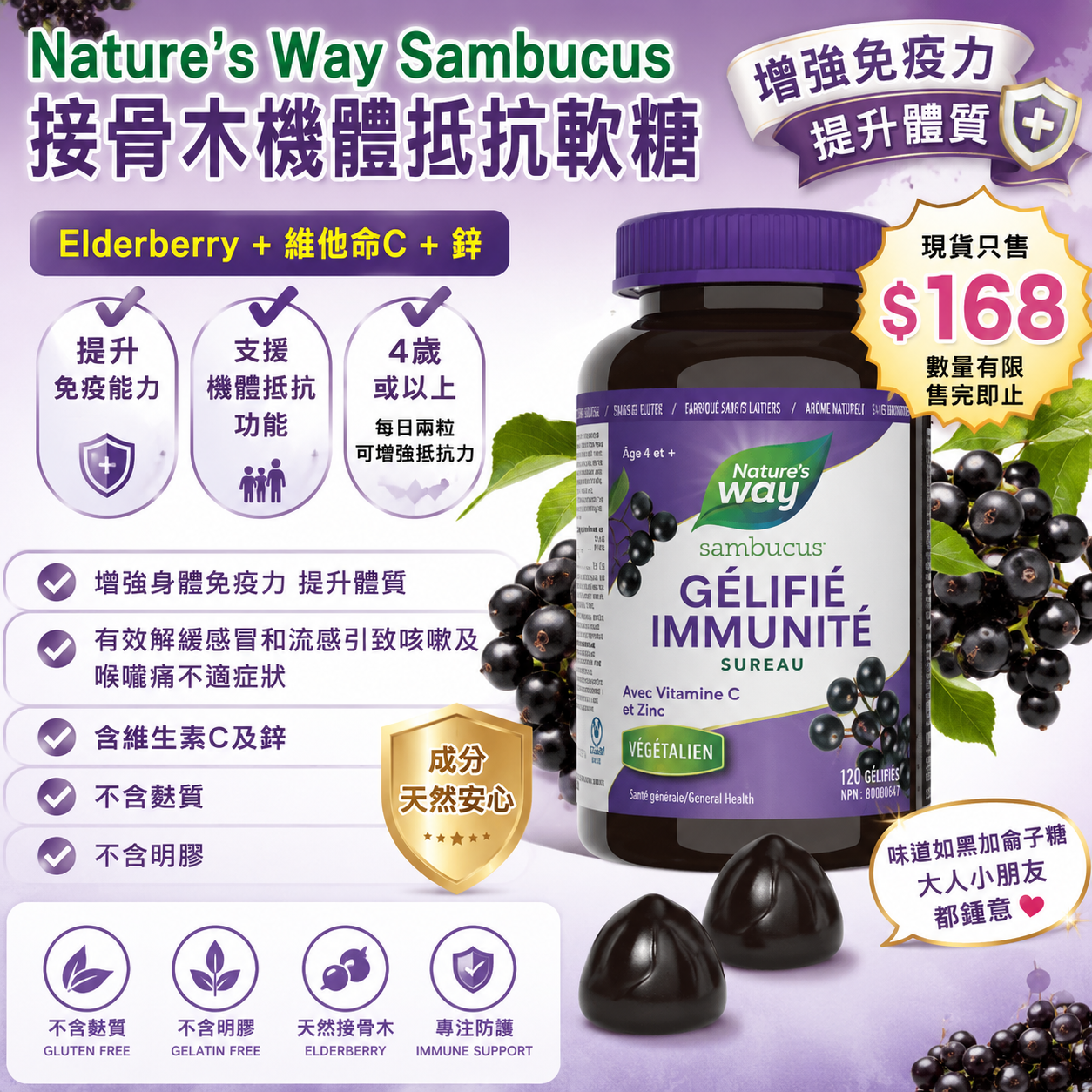 【UB9736】Nature’s Way Sambucus Elderberry 接骨木機體抵抗軟糖 120粒