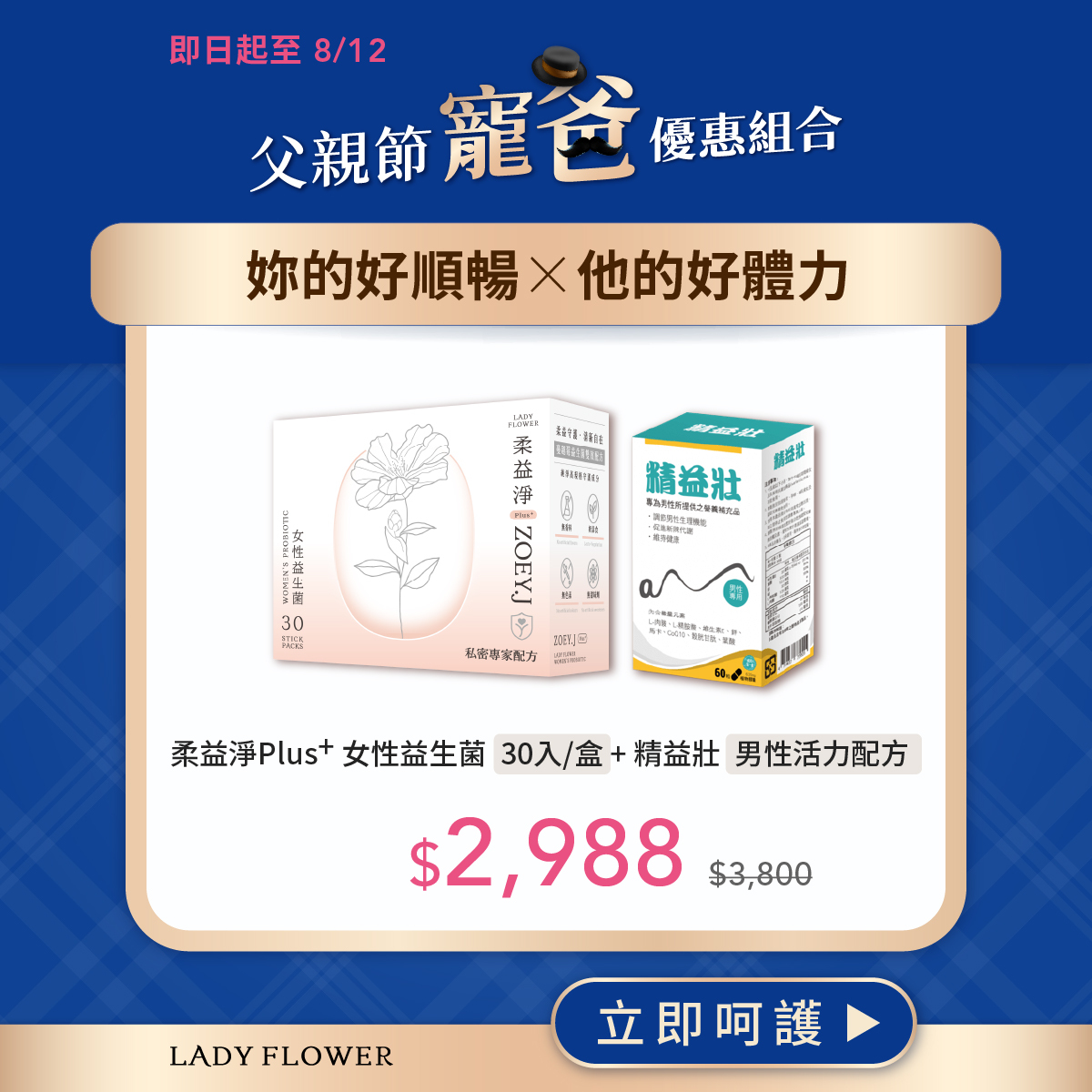 【父親節寵爸優惠組】妳的好順暢×他的好體力 柔益淨＋精益壯 優惠價$2,988 (現省$812)