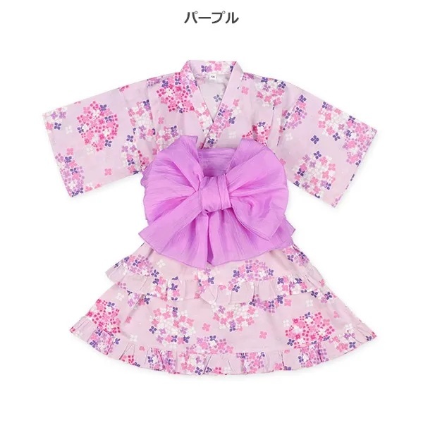【Nishimatsuya】Kids Hydrangea Pattern Jinbei Dress Set with Obi (Purple)