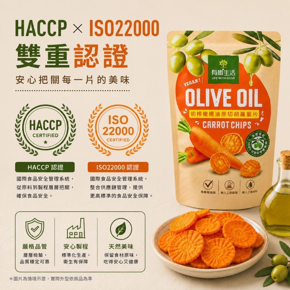 有橄生活和擁有雙重國家認證的工廠合作，從原料到製程層層把關，堅守最高食品安全標準，品質看得見、安心吃得到