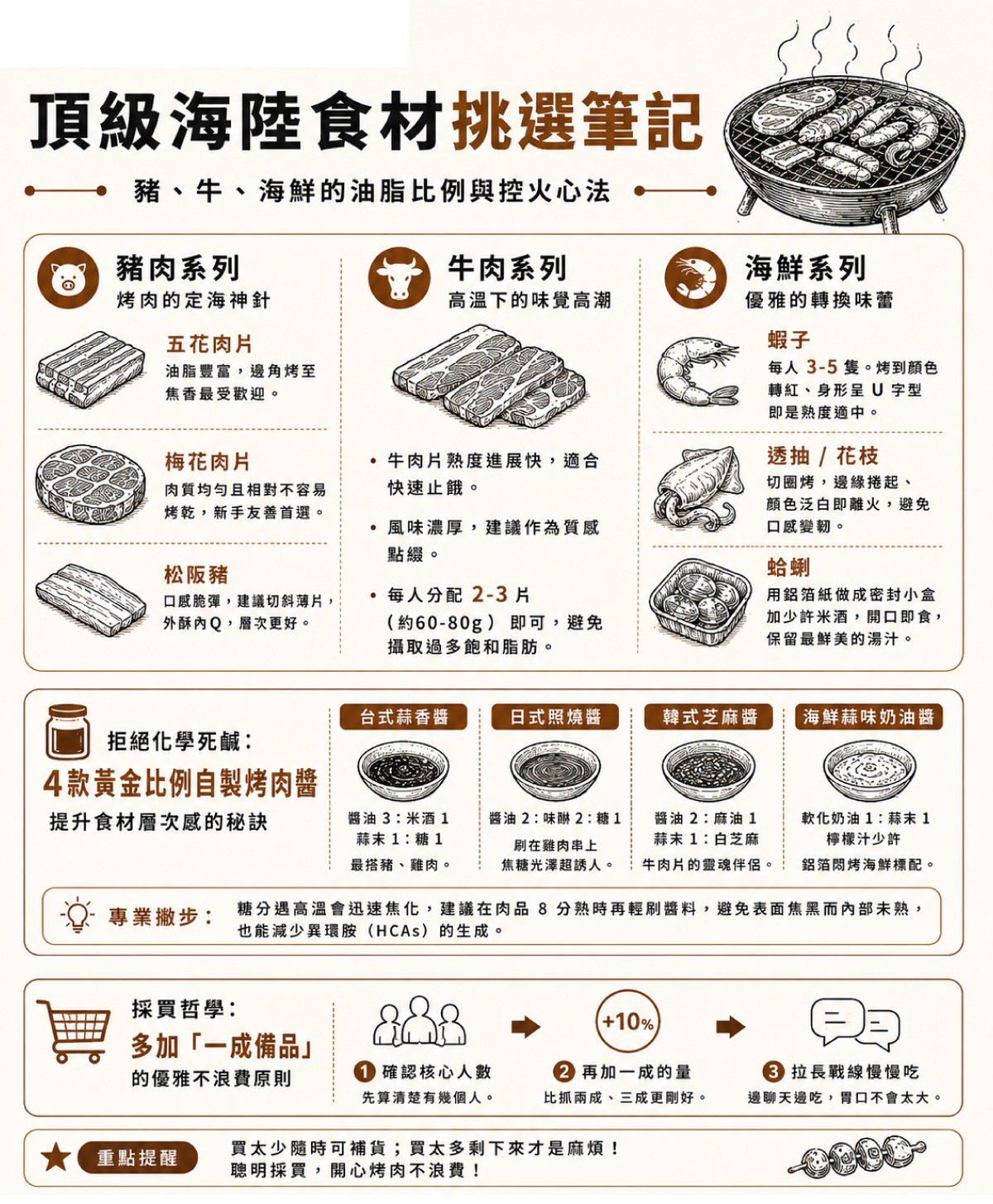自製萬用烤肉醬配方比例圖：台式、日式、韓式與奶油蒜味