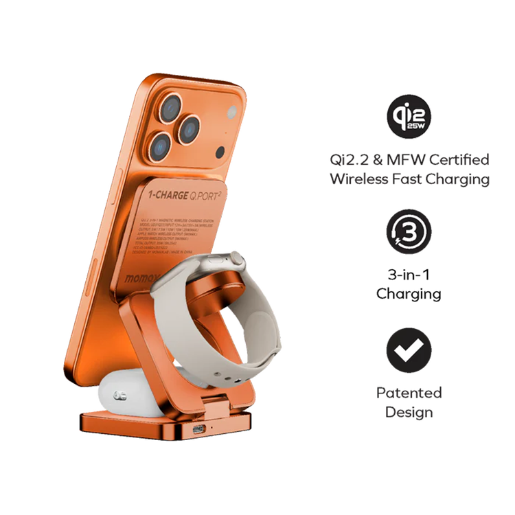 MOMAX UD31Q22UKM 1-Charge Q.Port² 折疊 Qi2 25W 三合一無線充電座