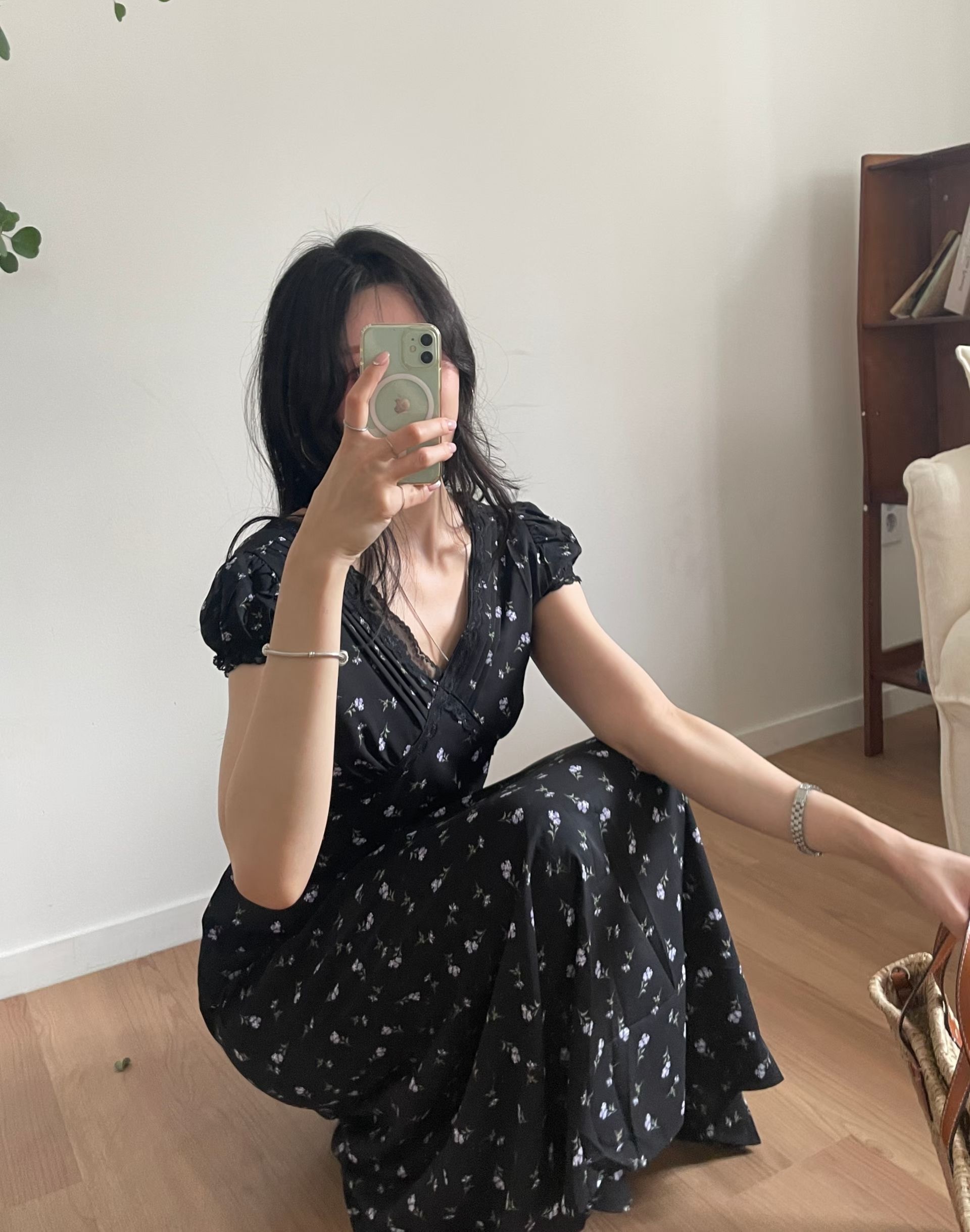 印花V領優雅風格長洋裝