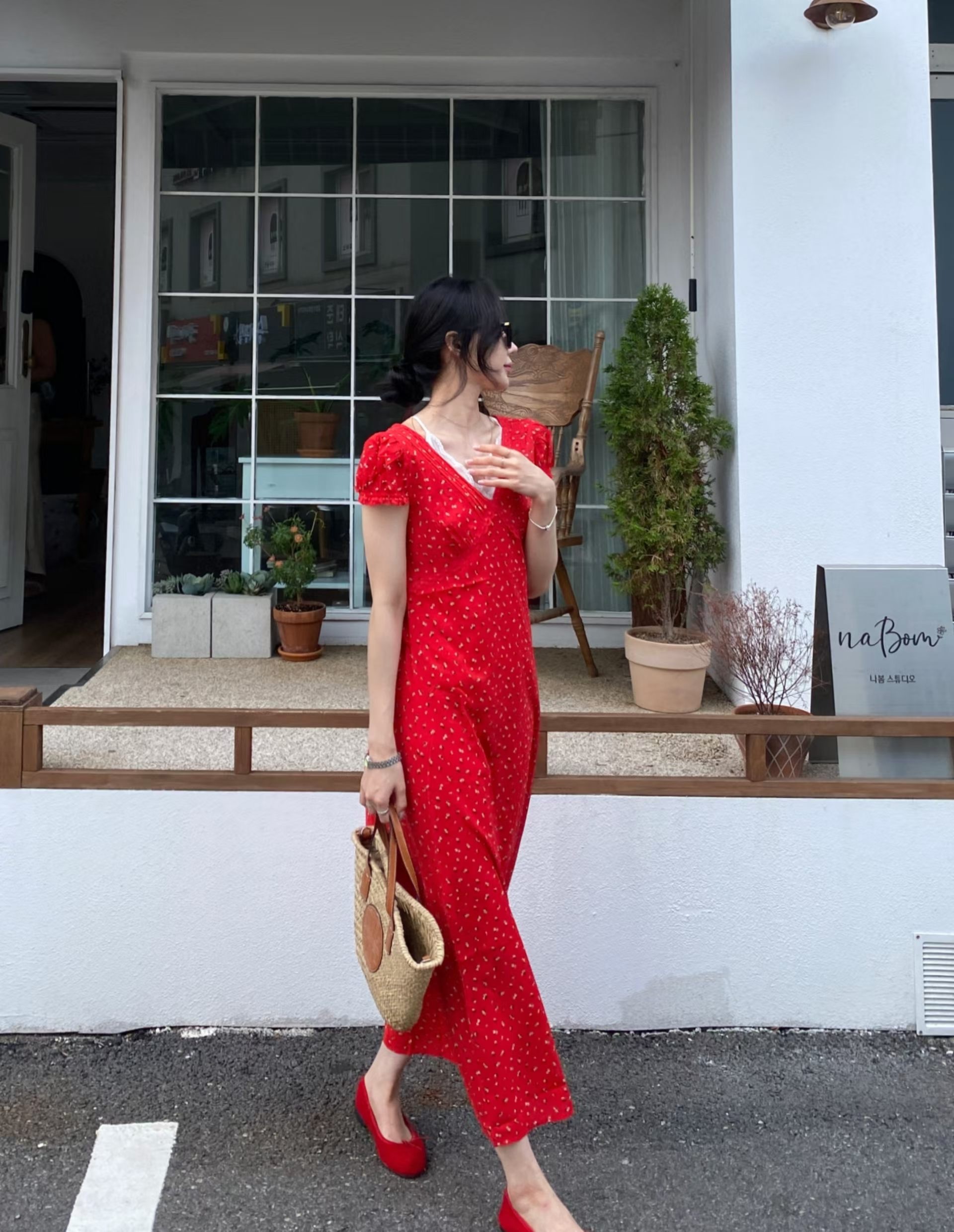 印花V領優雅風格長洋裝