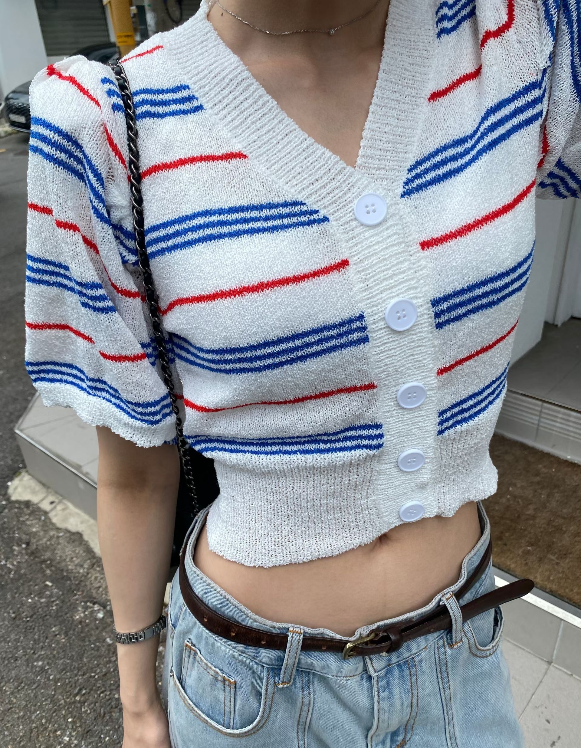 條紋公主袖開衫