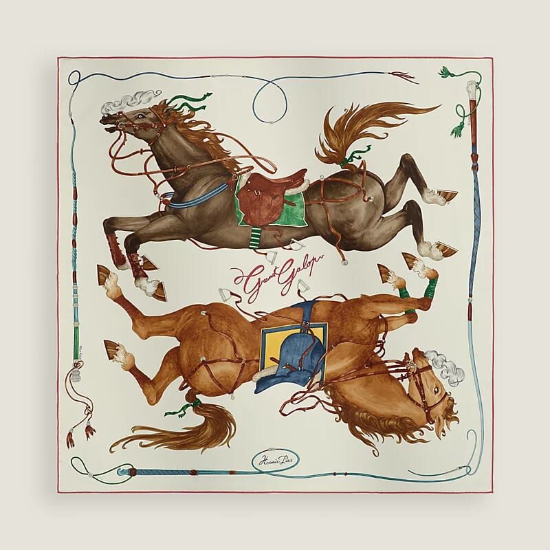 HERMES Grand Galop scarf 90 crème / cuir / vert