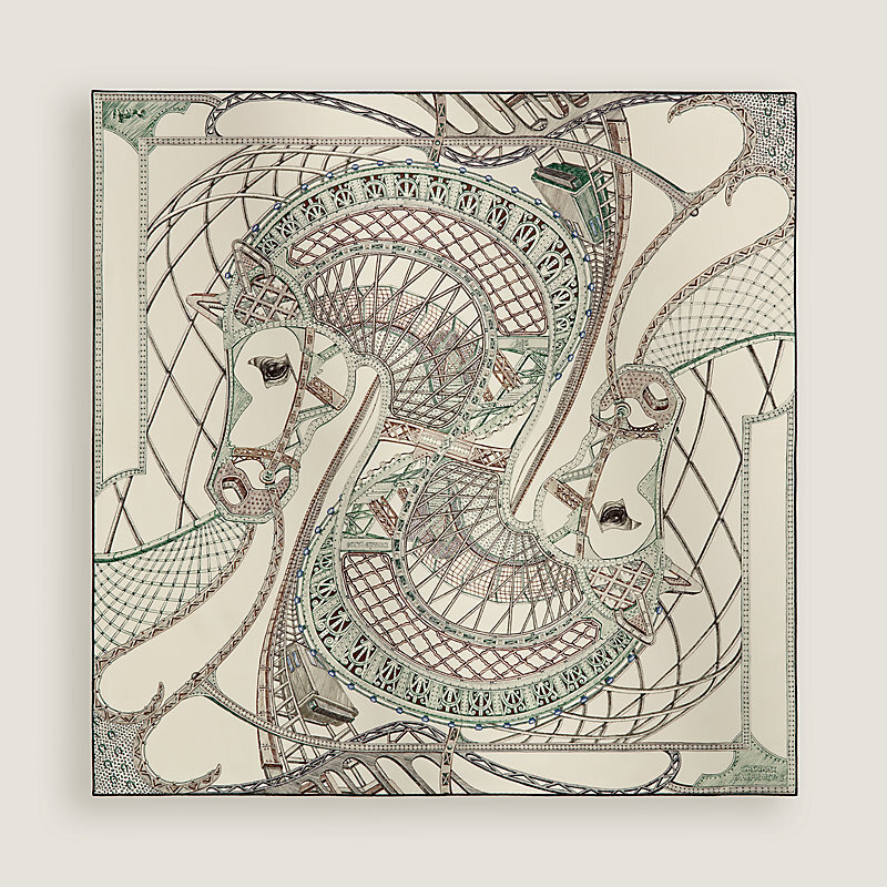 Hermes Chevaux d'Hephaistos scarf 90 JU/CREME/VERT/MARRON