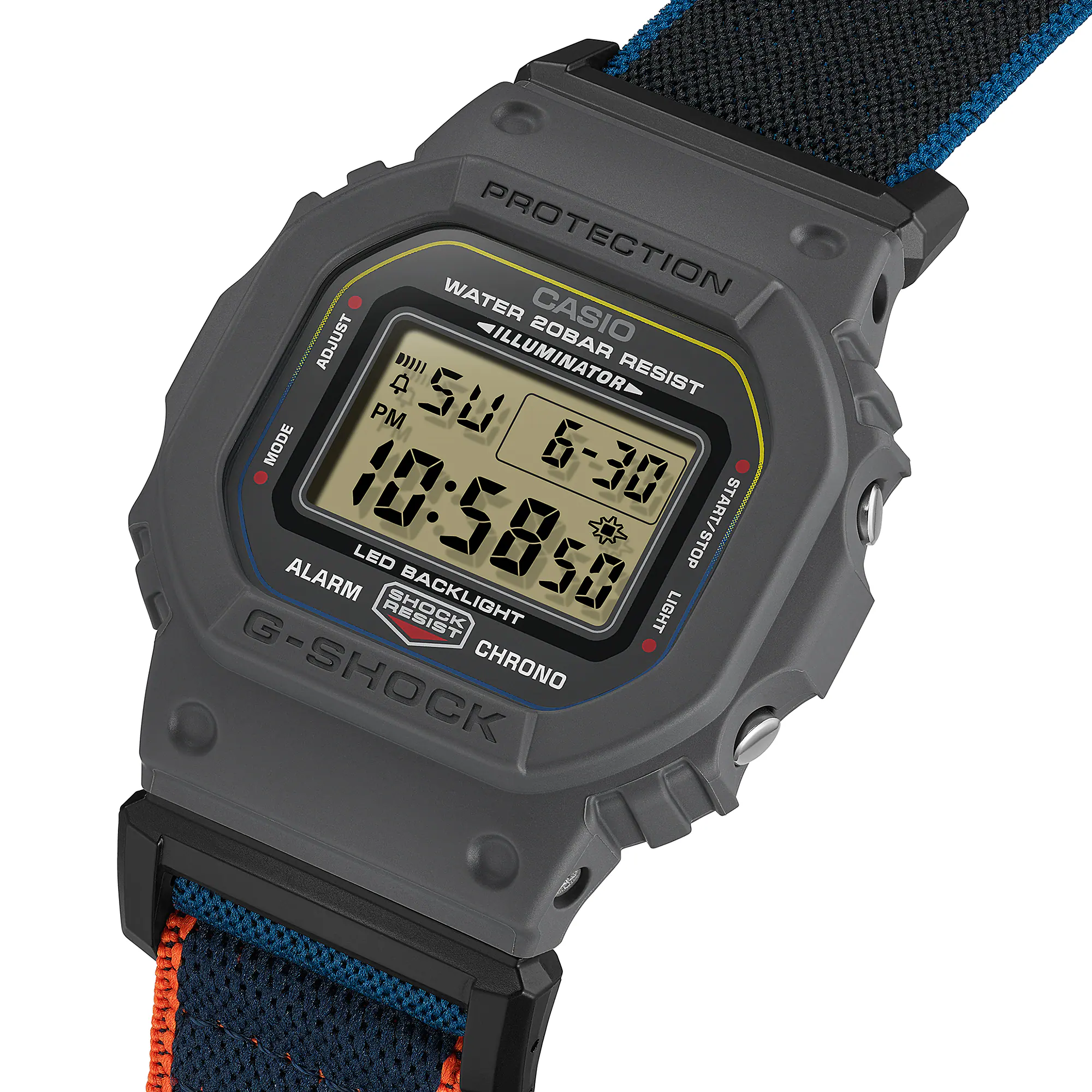 萬年鐘錶 - G-SHOCK  經典方形錶殼布質錶帶磁吸扣環防震電子錶 DW-5600MNC-8A2 錶徑: 42.8MM