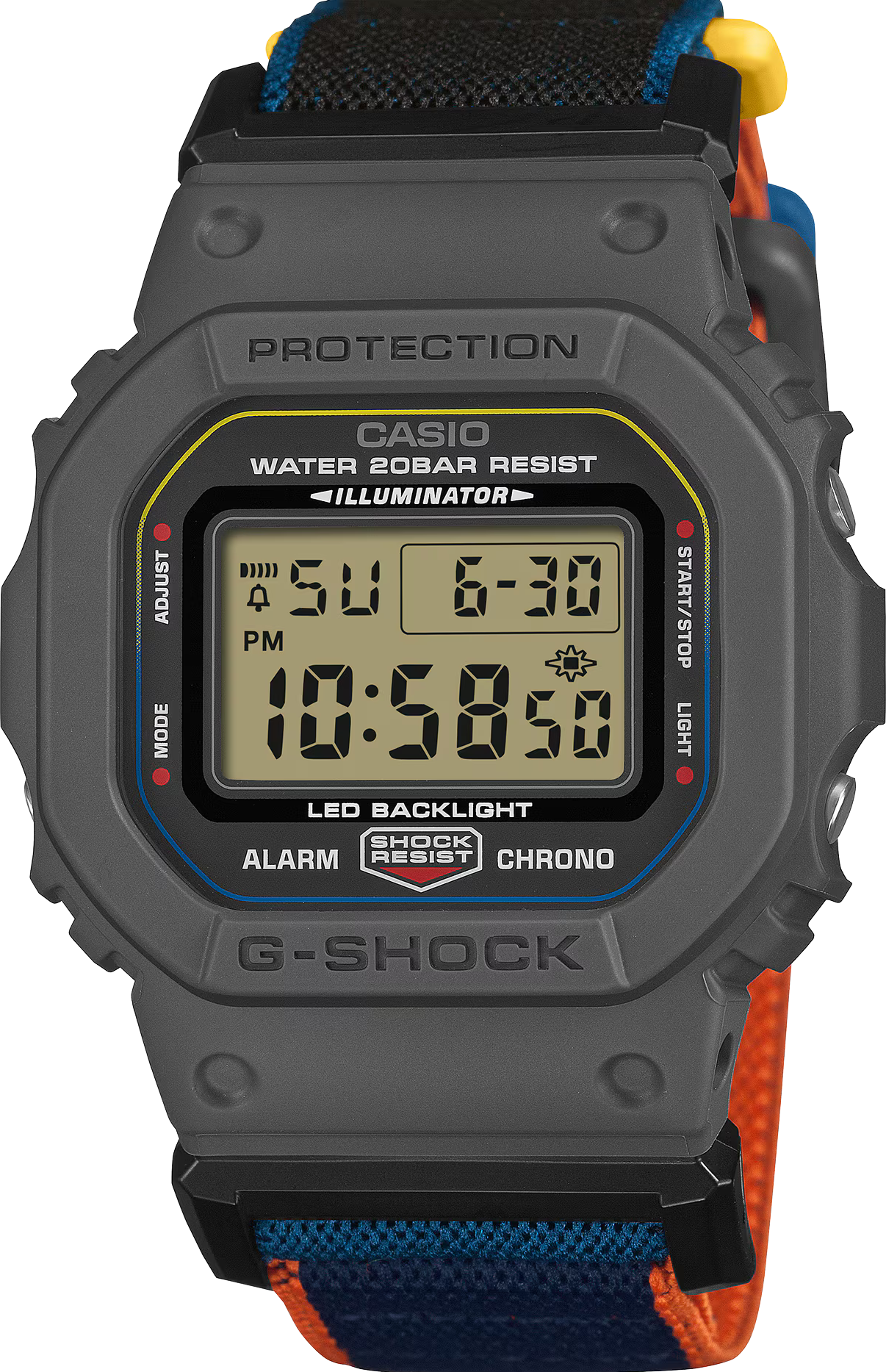 萬年鐘錶 - G-SHOCK  經典方形錶殼布質錶帶磁吸扣環防震電子錶 DW-5600MNC-8A2 錶徑: 42.8MM