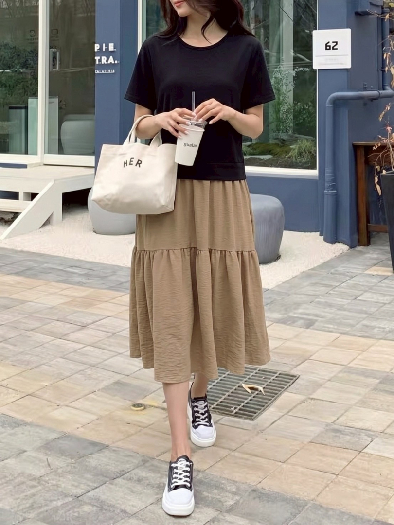 文青風假兩件拼接★寬鬆顯瘦長洋裝