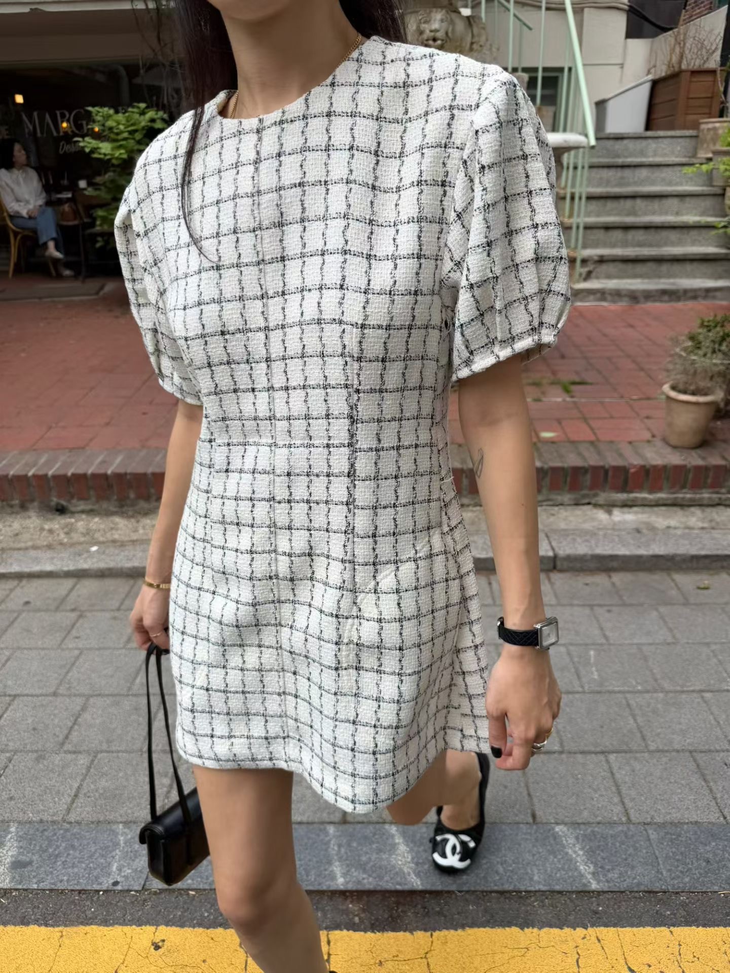 格子公主袖小香洋裝