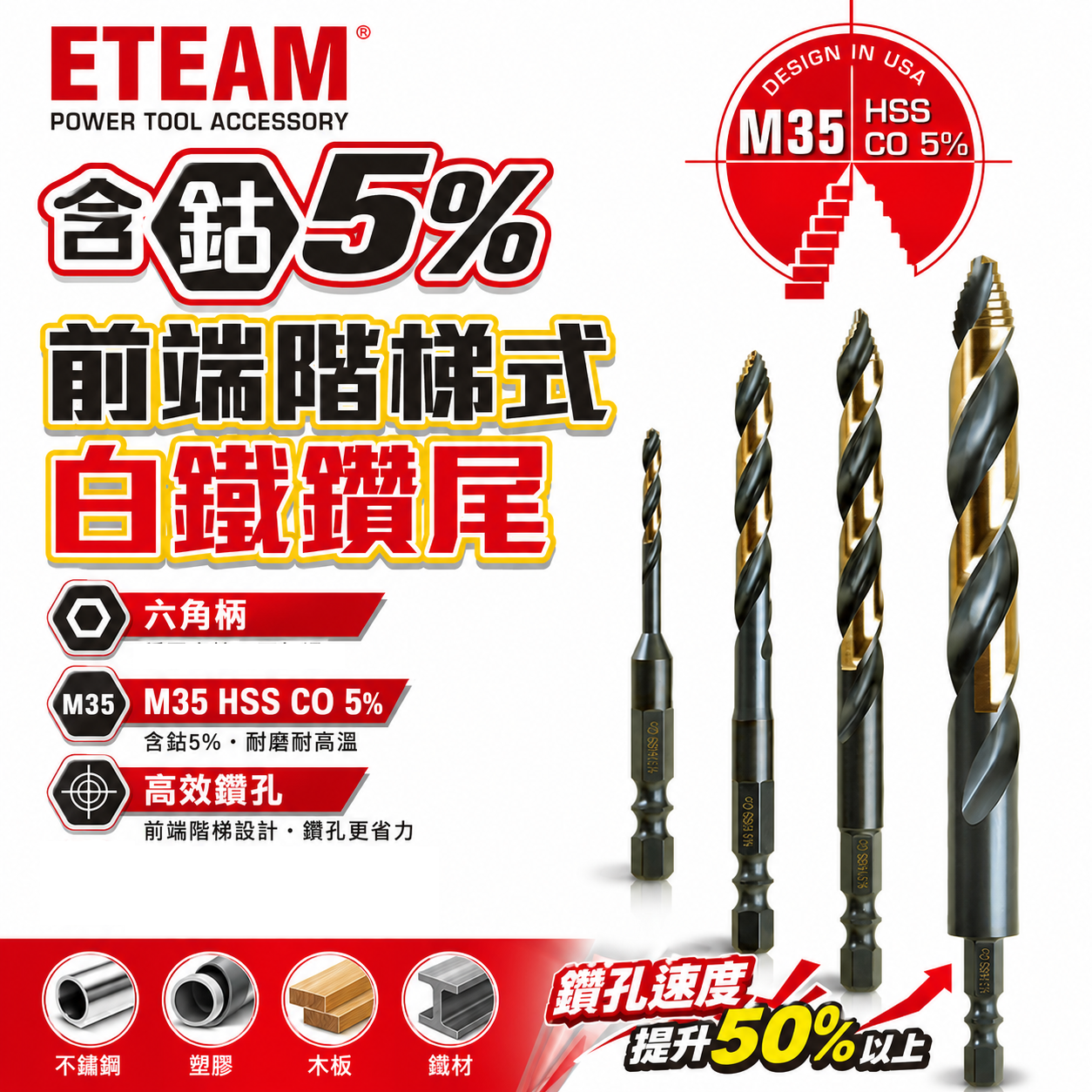 ETEAM 一等｜M35 六角柄前端階梯式白鐵鑽頭｜六角軸多功能含鈷金屬用鑽尾 不鏽鋼塑膠木材鐵材用｜前端階梯鑽｜高鈷鑽