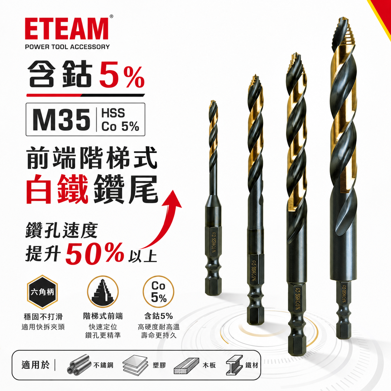 ETEAM 一等｜M35 六角柄前端階梯式白鐵鑽頭｜六角軸多功能含鈷金屬用鑽尾 不鏽鋼塑膠木材鐵材用｜前端階梯鑽｜高鈷鑽