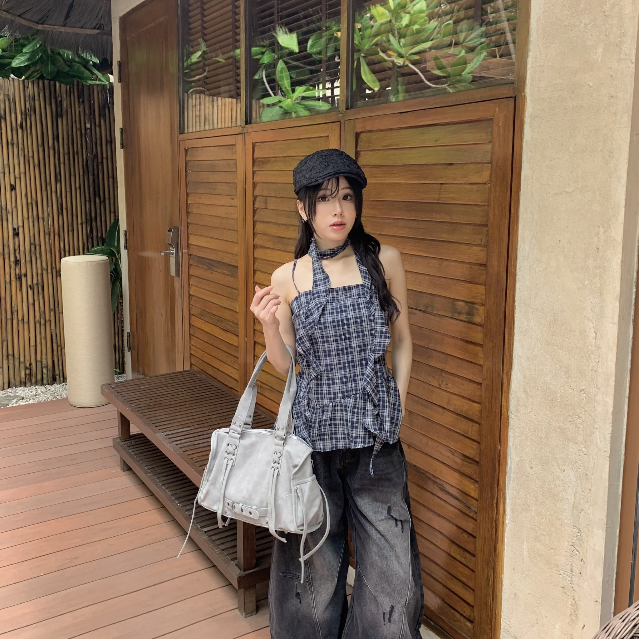 ISA_格子控的夏天 (附繞脖)不對稱荷葉擺背心_65001