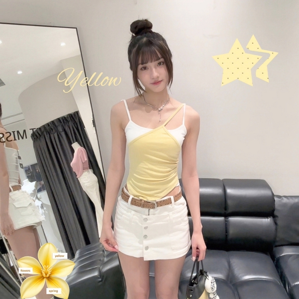 【甜感混搭】DOMISS自訂雙拼色不規則背心 吊帶背心-3色(現貨)