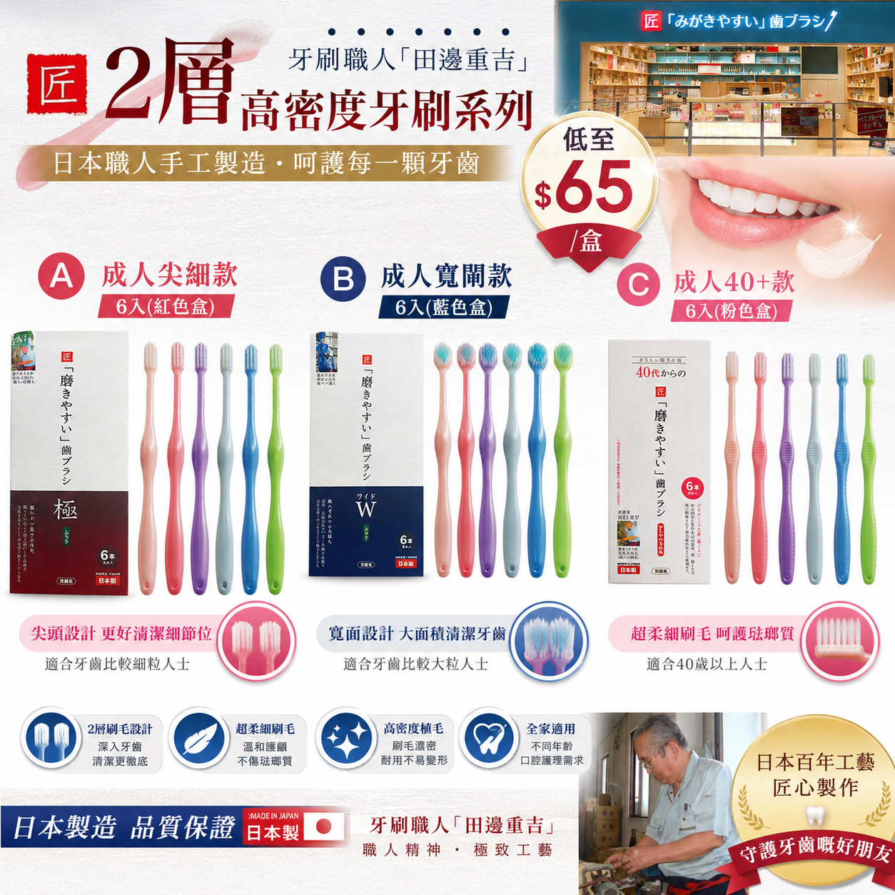 【UB9744】日本製牙刷職人田邊重吉2層高密度牙刷系列 (1盒6入)
