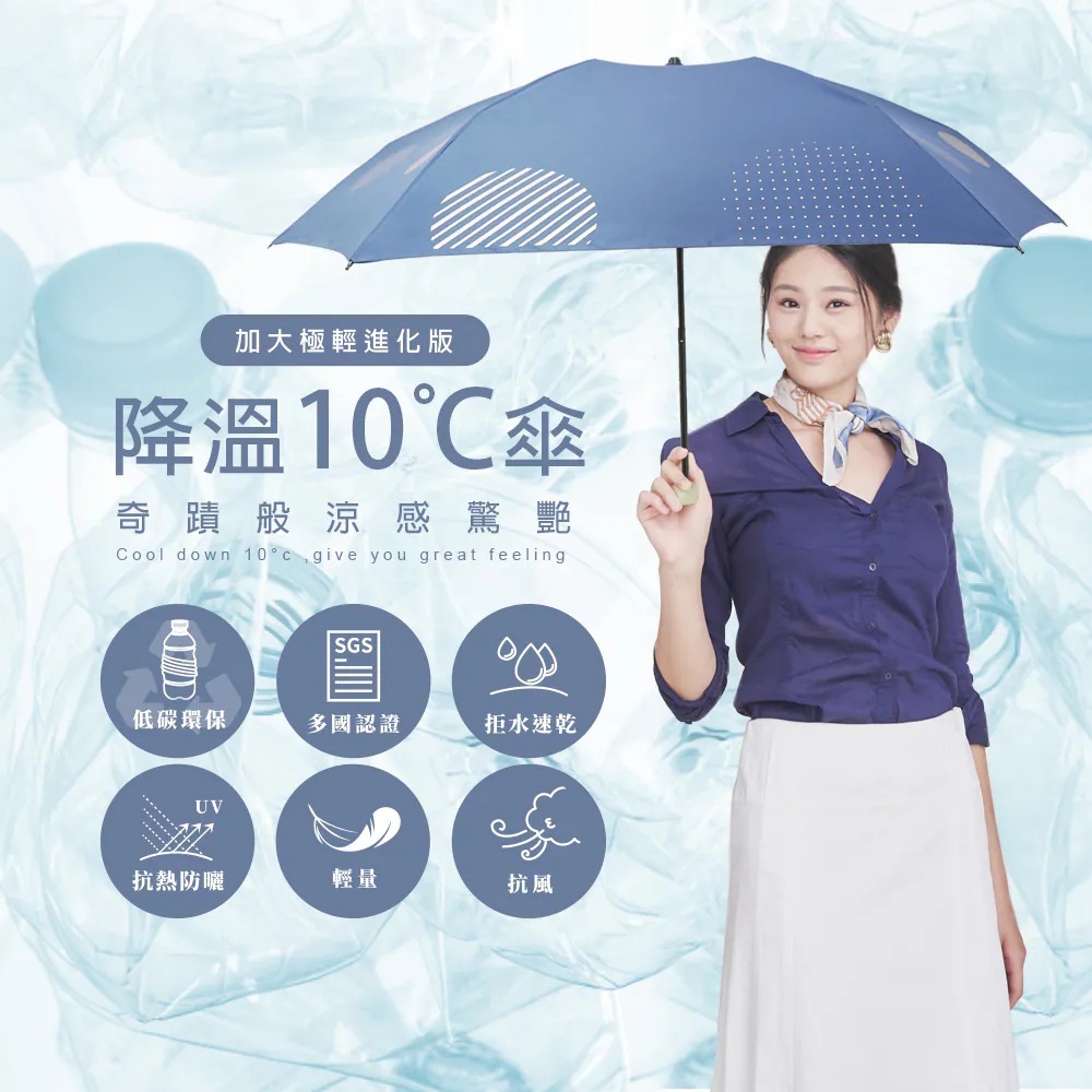 一位女性撐著一把展開的深藍色大雨傘。左側標體「降溫10°C傘」,下方排列著六個圓形功能圖示:低碳環保、SGS多國認證、拒水速乾、抗熱防曬、輕量、抗風