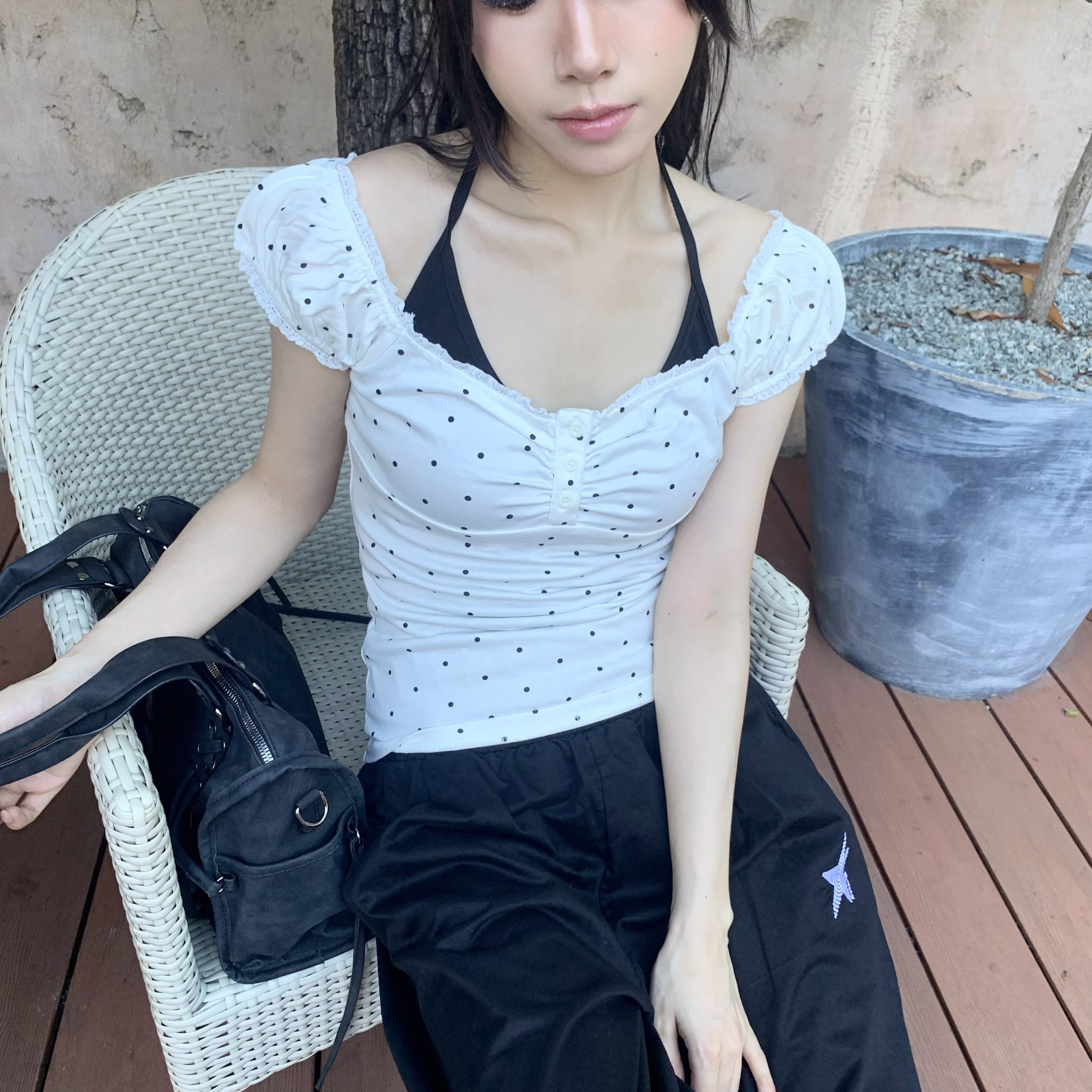 ISA_安妮日記 小波點飛袖假二件繞脖上衣_65078