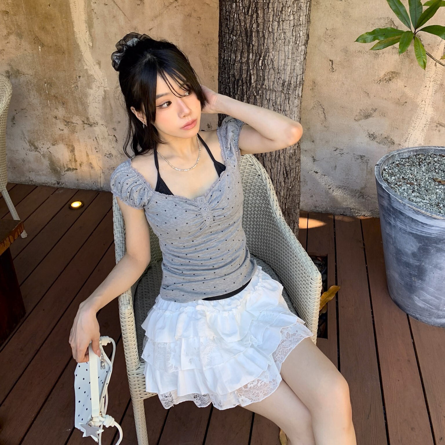 ISA_安妮日記 小波點飛袖假二件繞脖上衣_65078