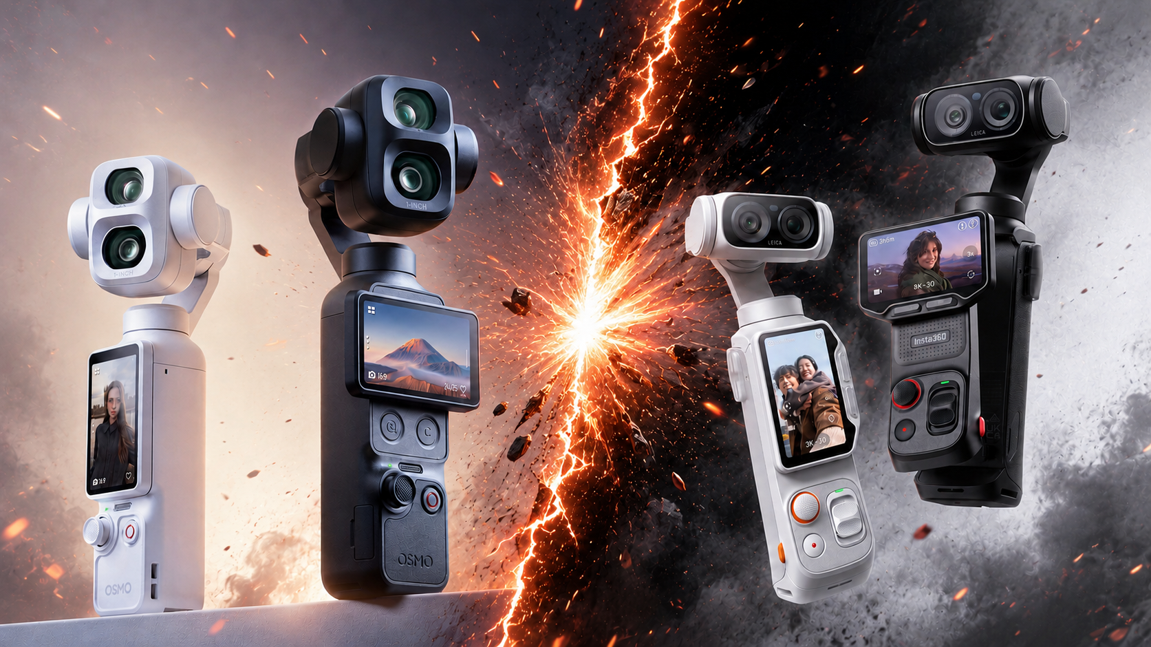DJI Osmo Pocket 4P 系列(左)與 Insta360 Luna Ultra(右)對決示意圖,中央閃電火花特效呈現兩品牌正面交鋒態勢。DJI Osmo Pocket 4 系列(左)與 Insta360 Luna Ultra(右)對決示意圖,中央閃電火花特效呈現兩品牌正面交鋒態勢。