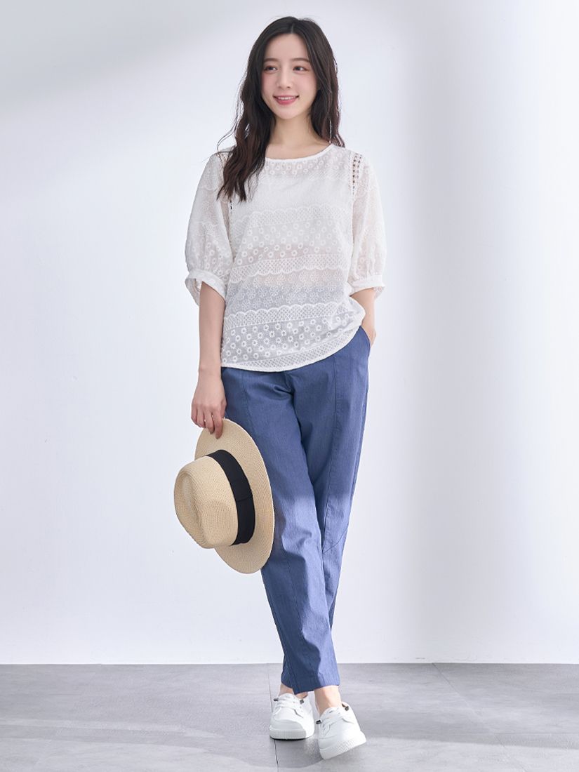繡花五分袖上衣貓咪口袋竹節棉九分褲組合