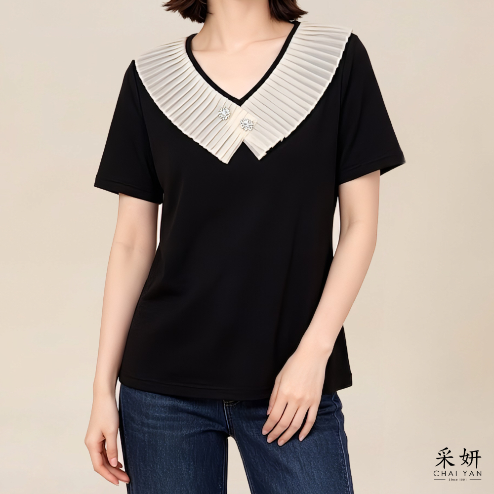 鑽釦皺褶領短袖上衣