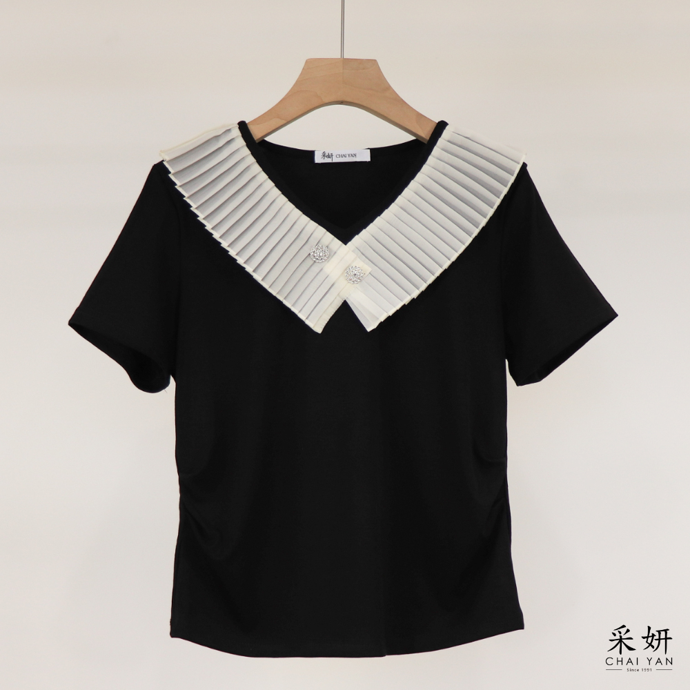 鑽釦皺褶領短袖上衣